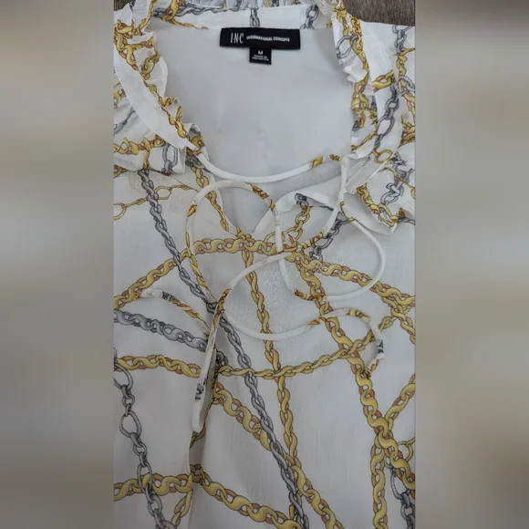 INC White blouse with gold and silver chain print - Picture 5 of 6